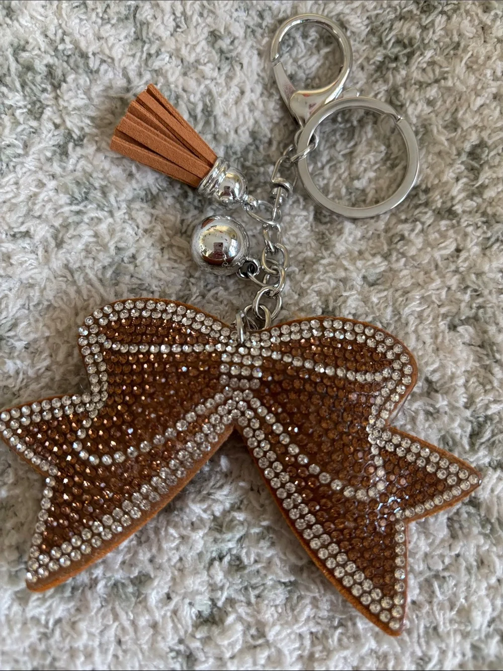Western Rhinestone Bow Keychain with Tassel - Brown NWT 6”